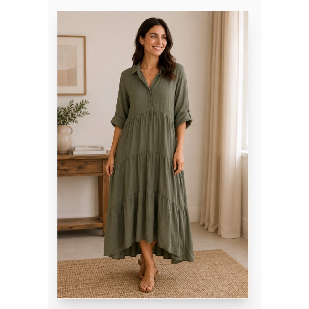 A Loves A Dress Womens Large Green Maxi Collared 3/4 Sleeve Shirt Casual Travel